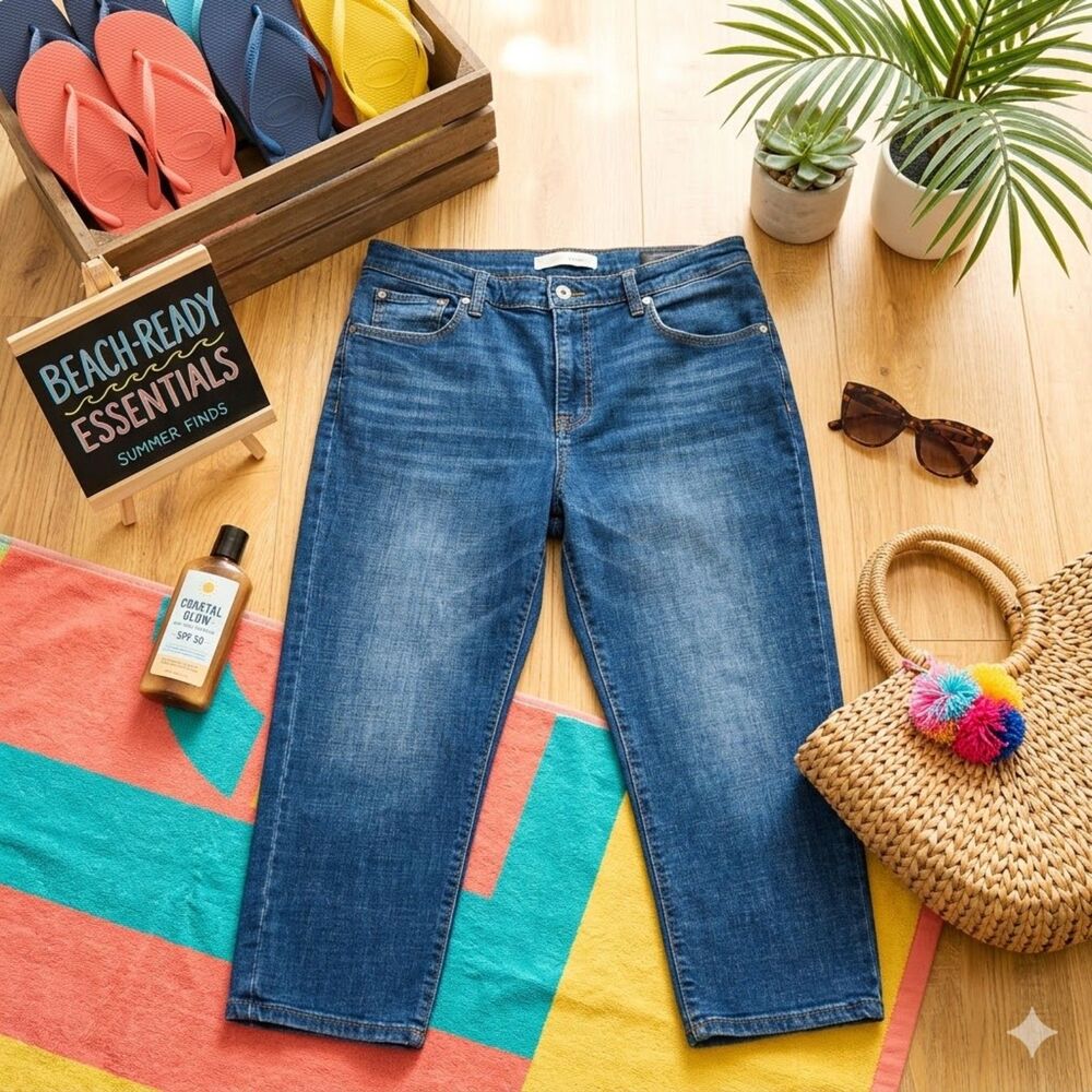Ella Moss Blue High Rise Straight Leg Cropped Jeans Size 10 Stretch Denim